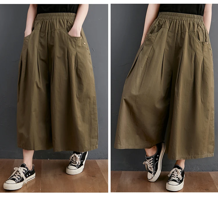 100% Cotton Wide Leg Pants Women New Arrival 2023 Summer Vintage Style Solid Color Loose Female Ankle-length Casual Pants B2537