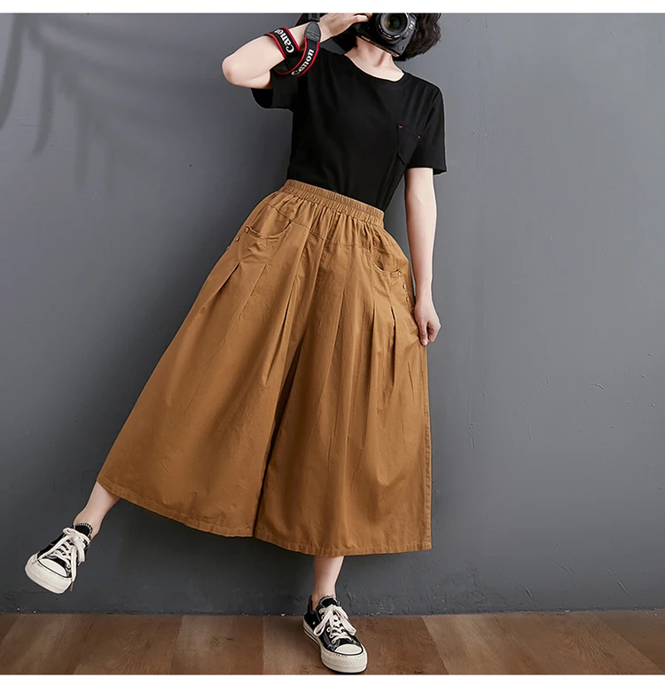 100% Cotton Wide Leg Pants Women New Arrival 2023 Summer Vintage Style Solid Color Loose Female Ankle-length Casual Pants B2537