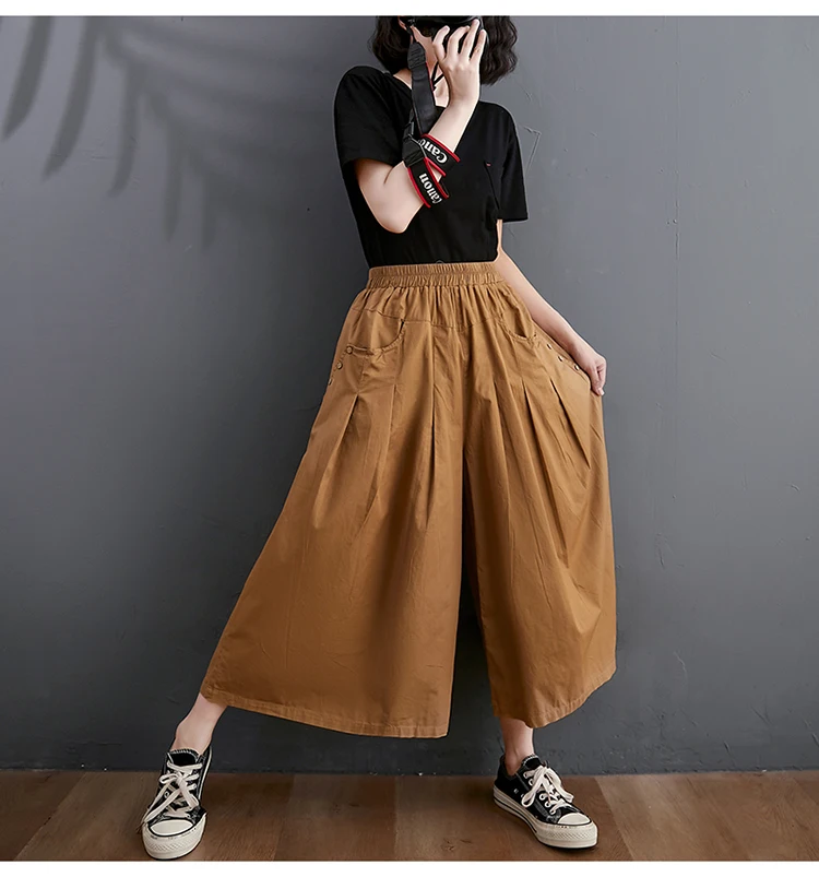 100% Cotton Wide Leg Pants Women New Arrival 2023 Summer Vintage Style Solid Color Loose Female Ankle-length Casual Pants B2537