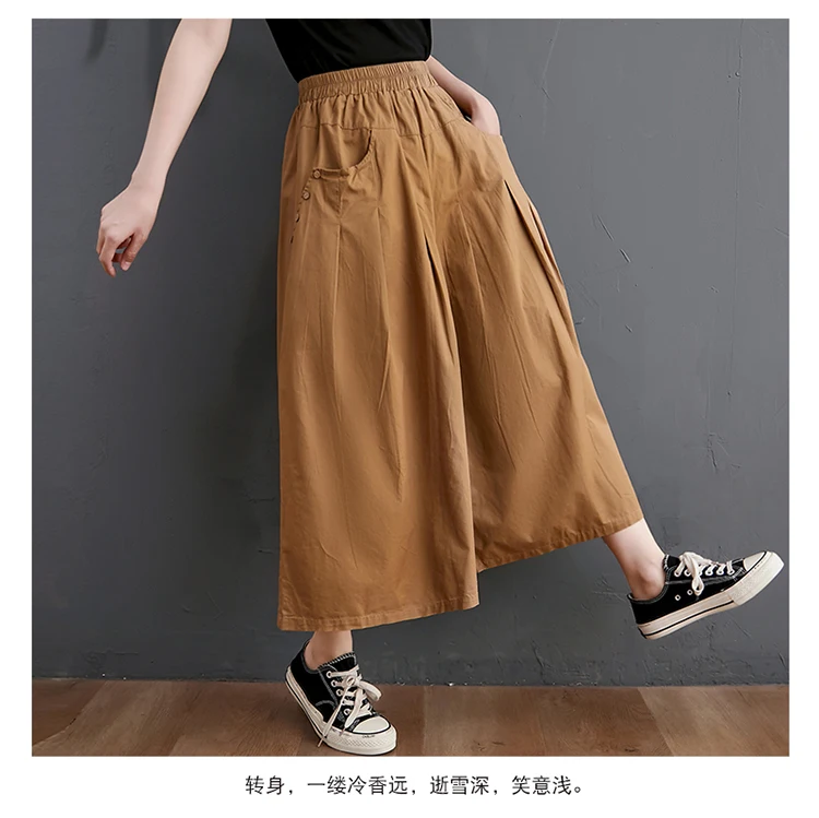 100% Cotton Wide Leg Pants Women New Arrival 2023 Summer Vintage Style Solid Color Loose Female Ankle-length Casual Pants B2537