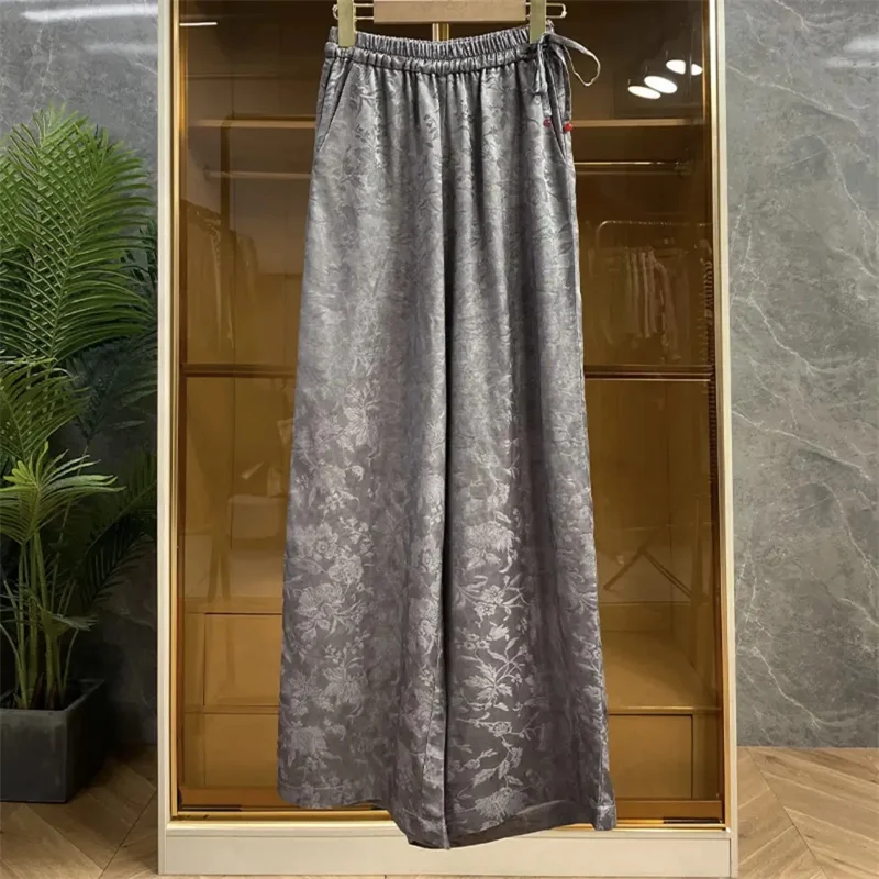 Fashion Jacquard Chinese Style Trousers 2025 High Waist Elastic Waist Ladies Loose Straight Casual Pants Wide-leg Pants Female
