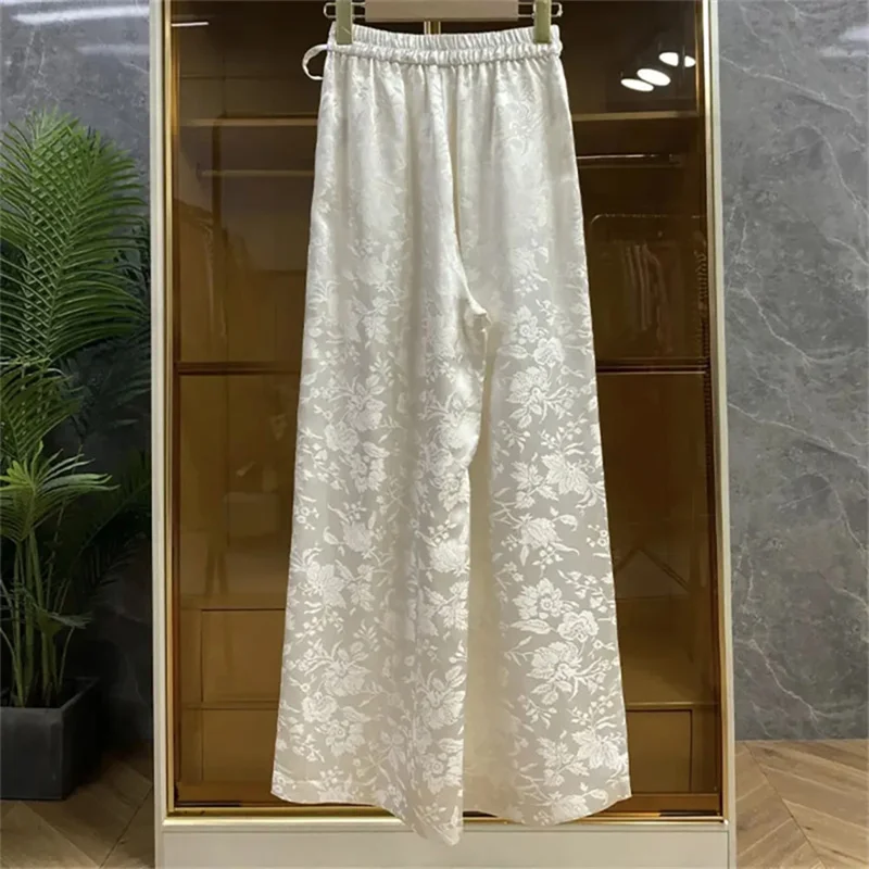 Fashion Jacquard Chinese Style Trousers 2025 High Waist Elastic Waist Ladies Loose Straight Casual Pants Wide-leg Pants Female