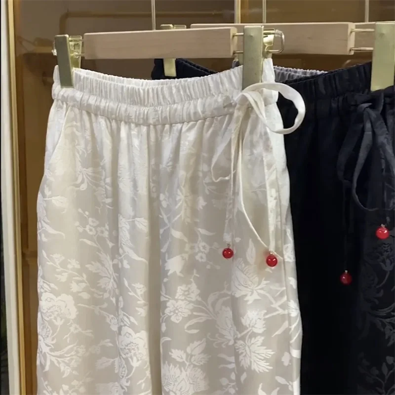 Fashion Jacquard Chinese Style Trousers 2025 High Waist Elastic Waist Ladies Loose Straight Casual Pants Wide-leg Pants Female
