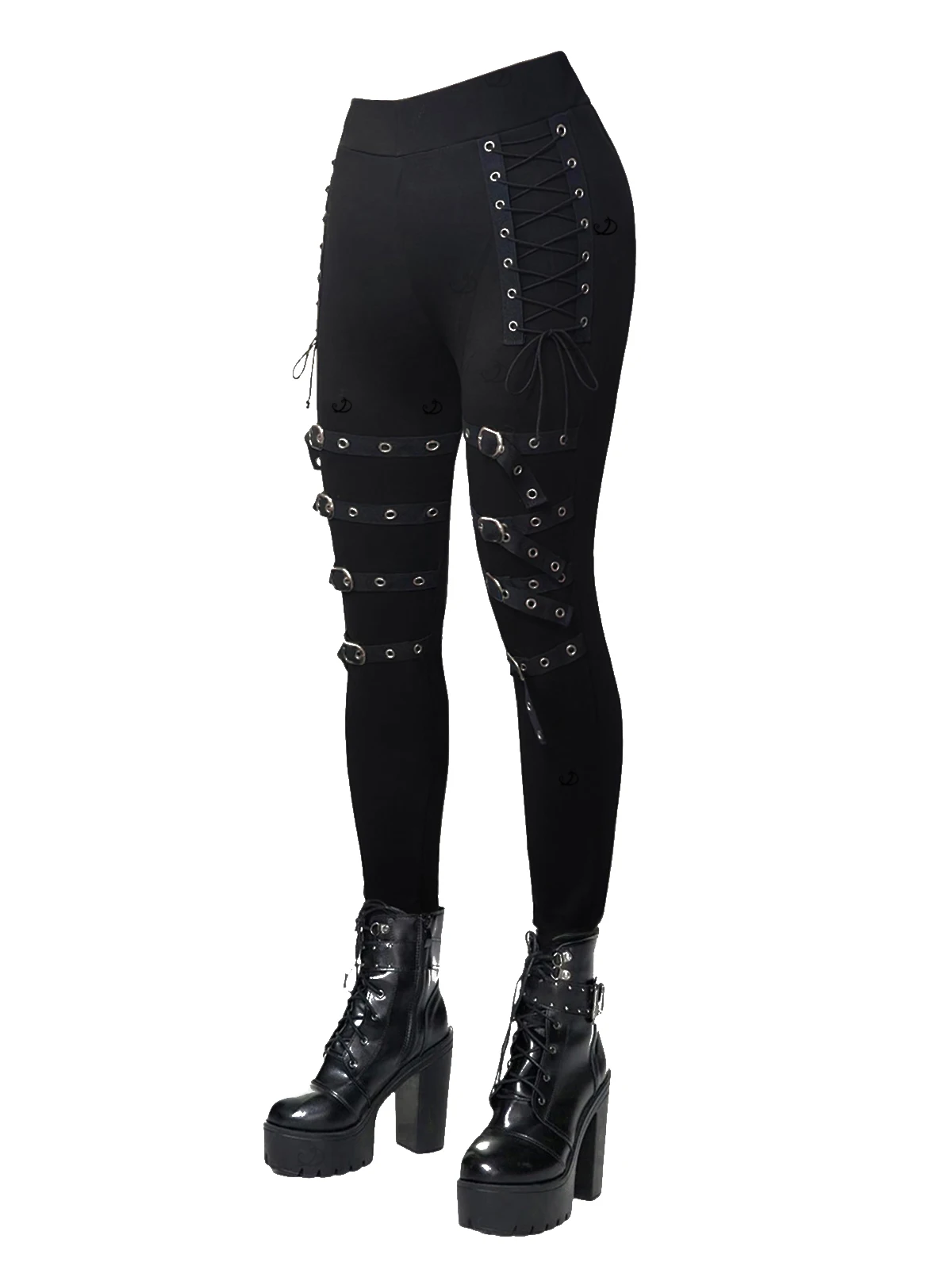 Dressfo Women's Leggings Gothic Leggings Solid Color Grommet Buckle Lace Up Skinny High Stretch Pencil Pants