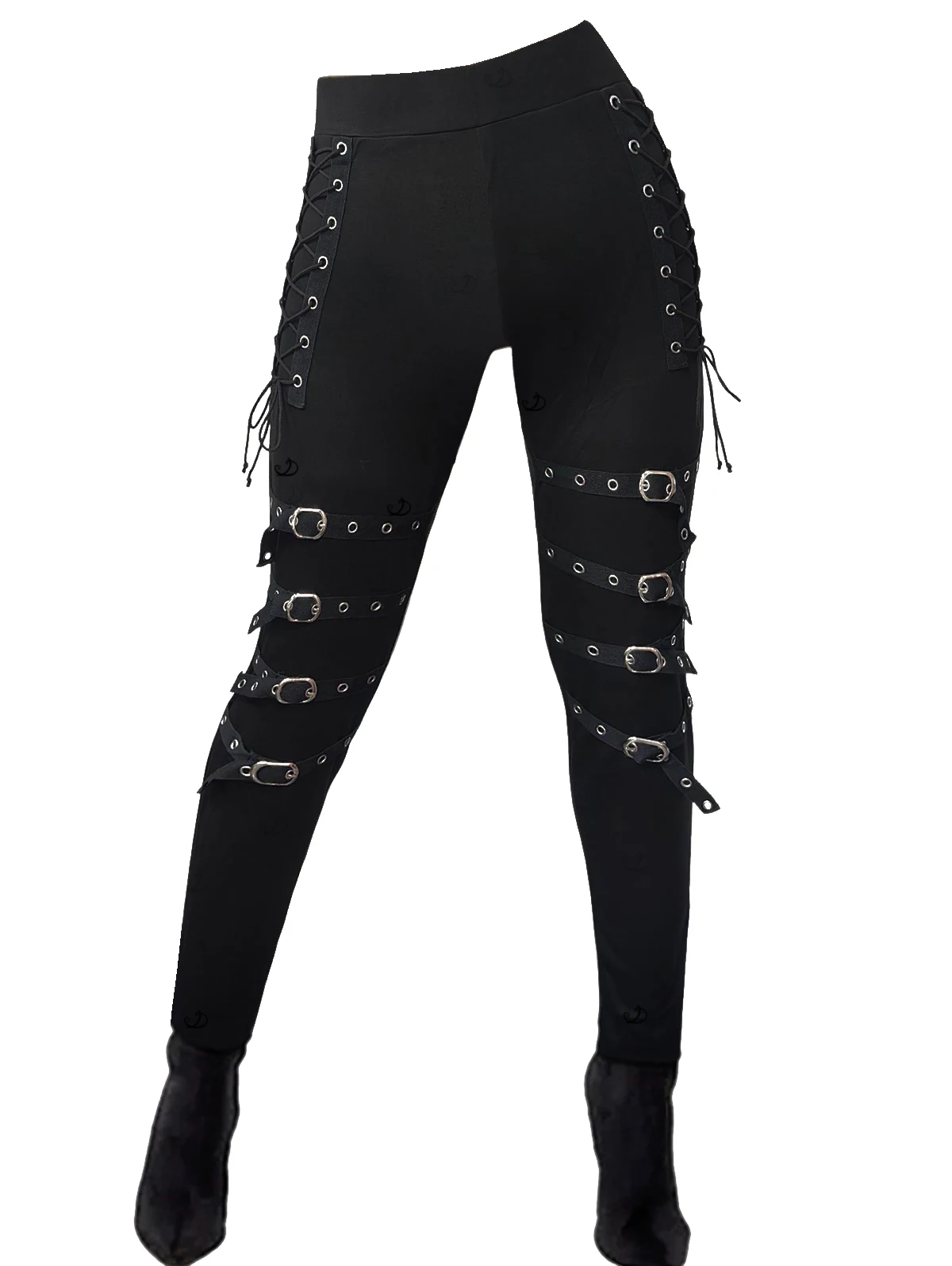 Dressfo Women's Leggings Gothic Leggings Solid Color Grommet Buckle Lace Up Skinny High Stretch Pencil Pants
