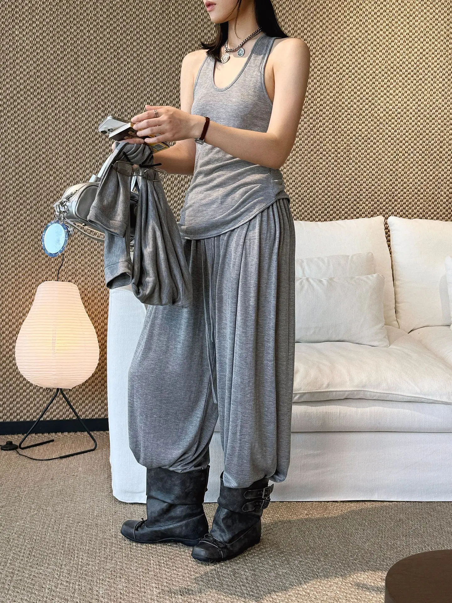 2026 Wool Blending Material Women Casual High Waist Lace-Up Waist Long Pants Fashion Wide Leg Pants Women Clothes Trousers