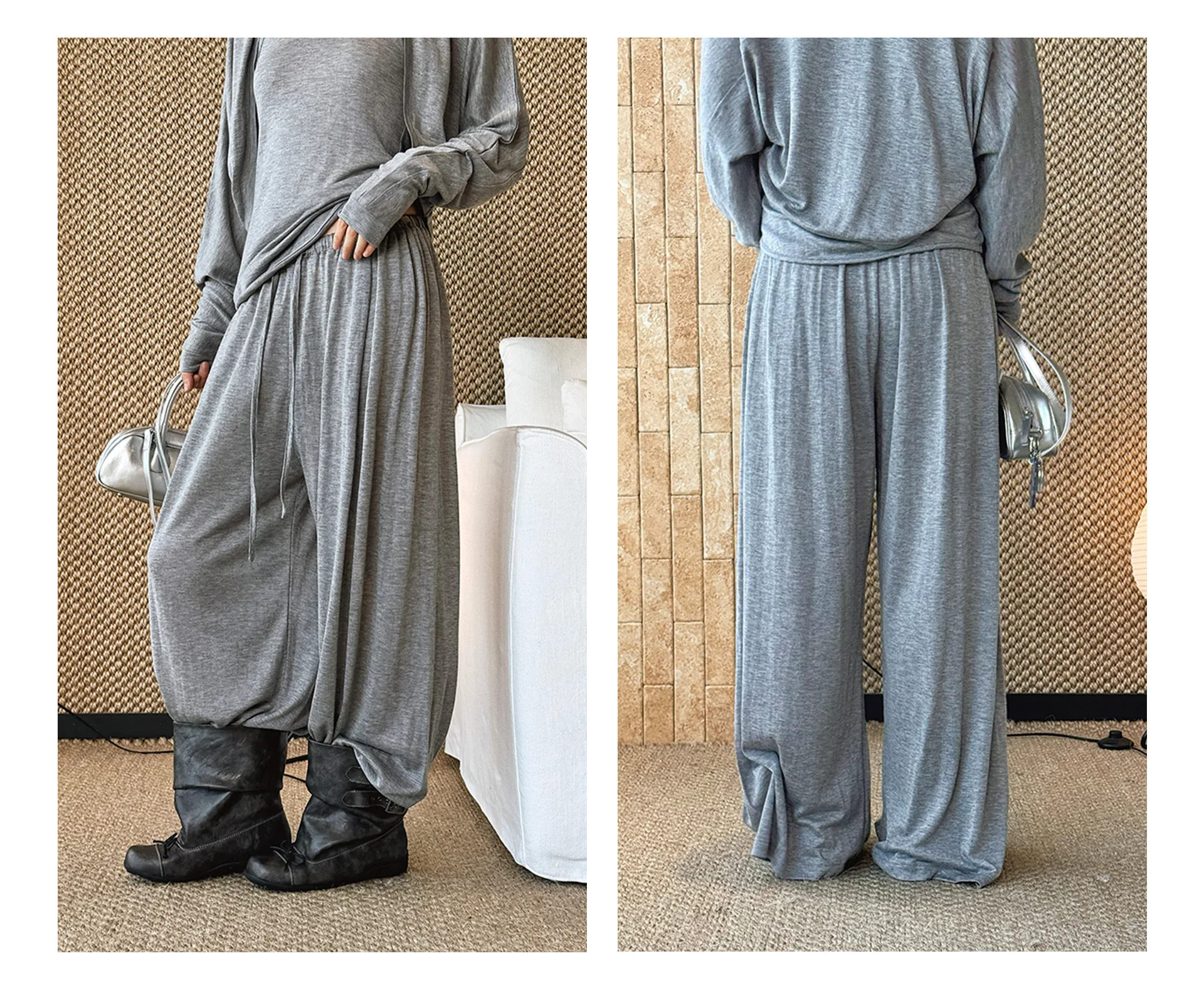 2026 Wool Blending Material Women Casual High Waist Lace-Up Waist Long Pants Fashion Wide Leg Pants Women Clothes Trousers