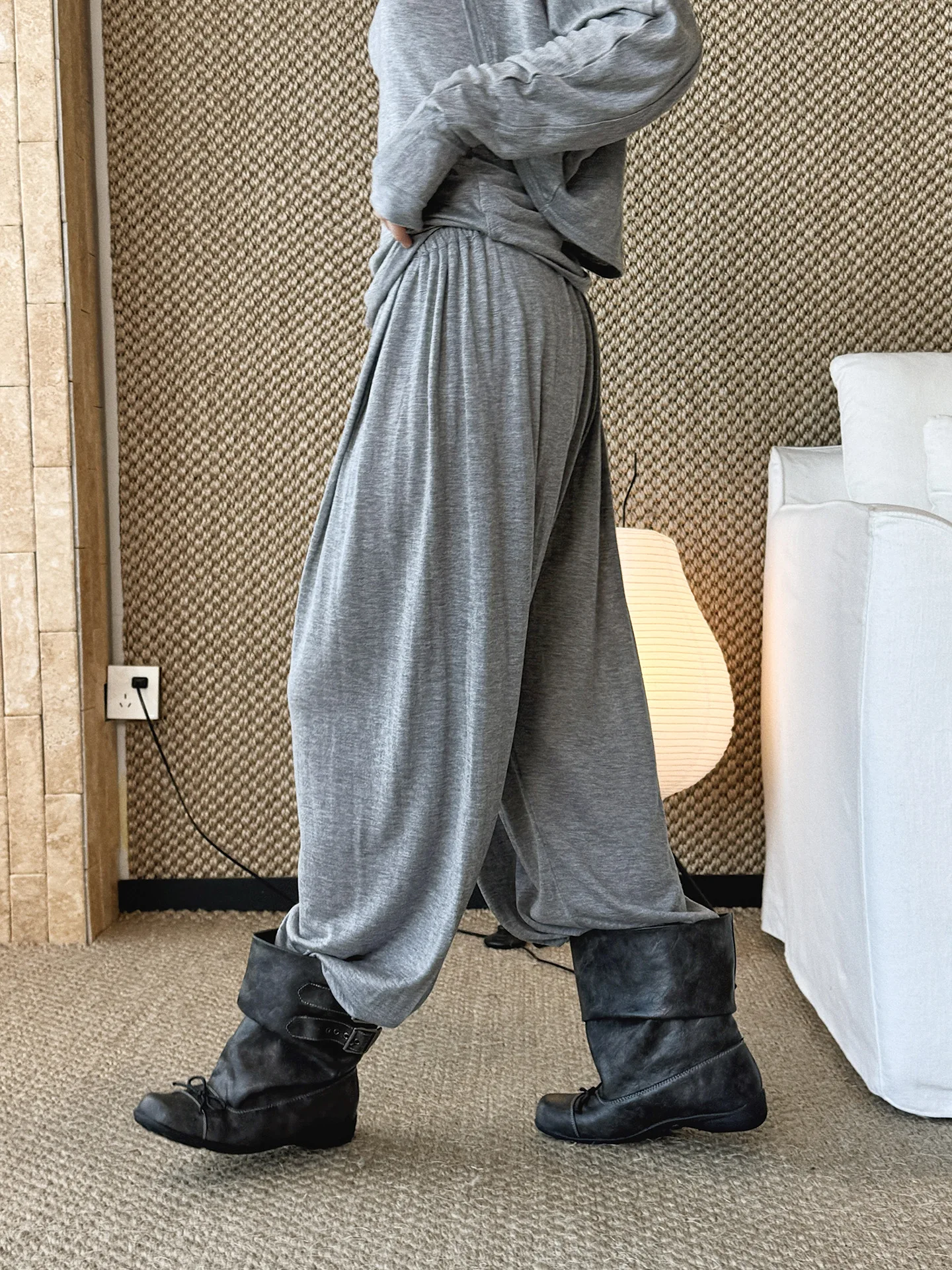 2026 Wool Blending Material Women Casual High Waist Lace-Up Waist Long Pants Fashion Wide Leg Pants Women Clothes Trousers