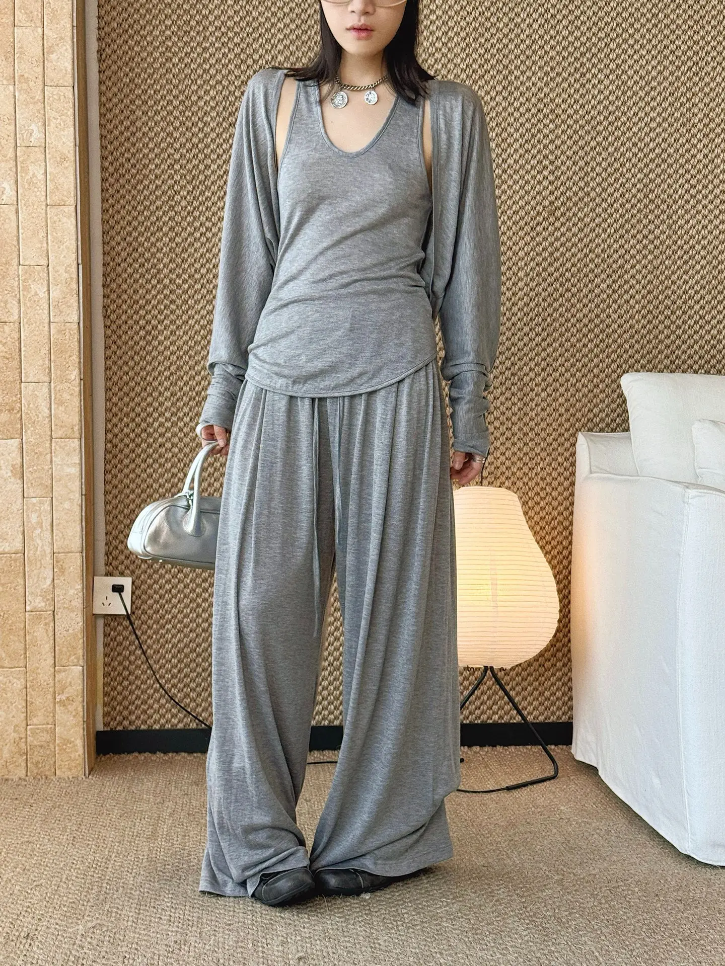 2026 Wool Blending Material Women Casual High Waist Lace-Up Waist Long Pants Fashion Wide Leg Pants Women Clothes Trousers