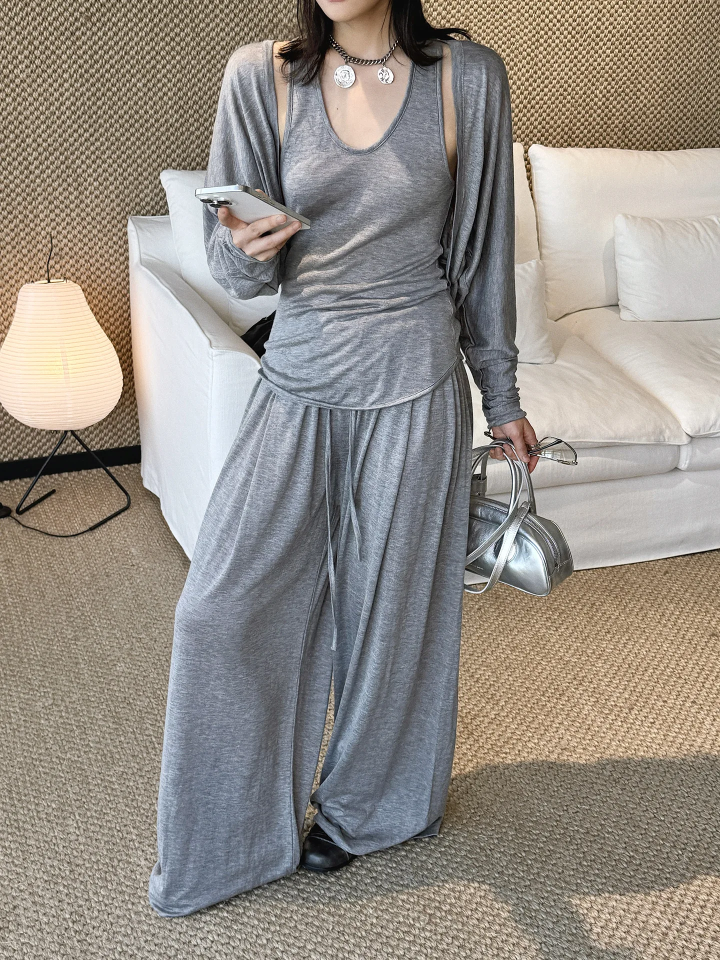 2026 Wool Blending Material Women Casual High Waist Lace-Up Waist Long Pants Fashion Wide Leg Pants Women Clothes Trousers