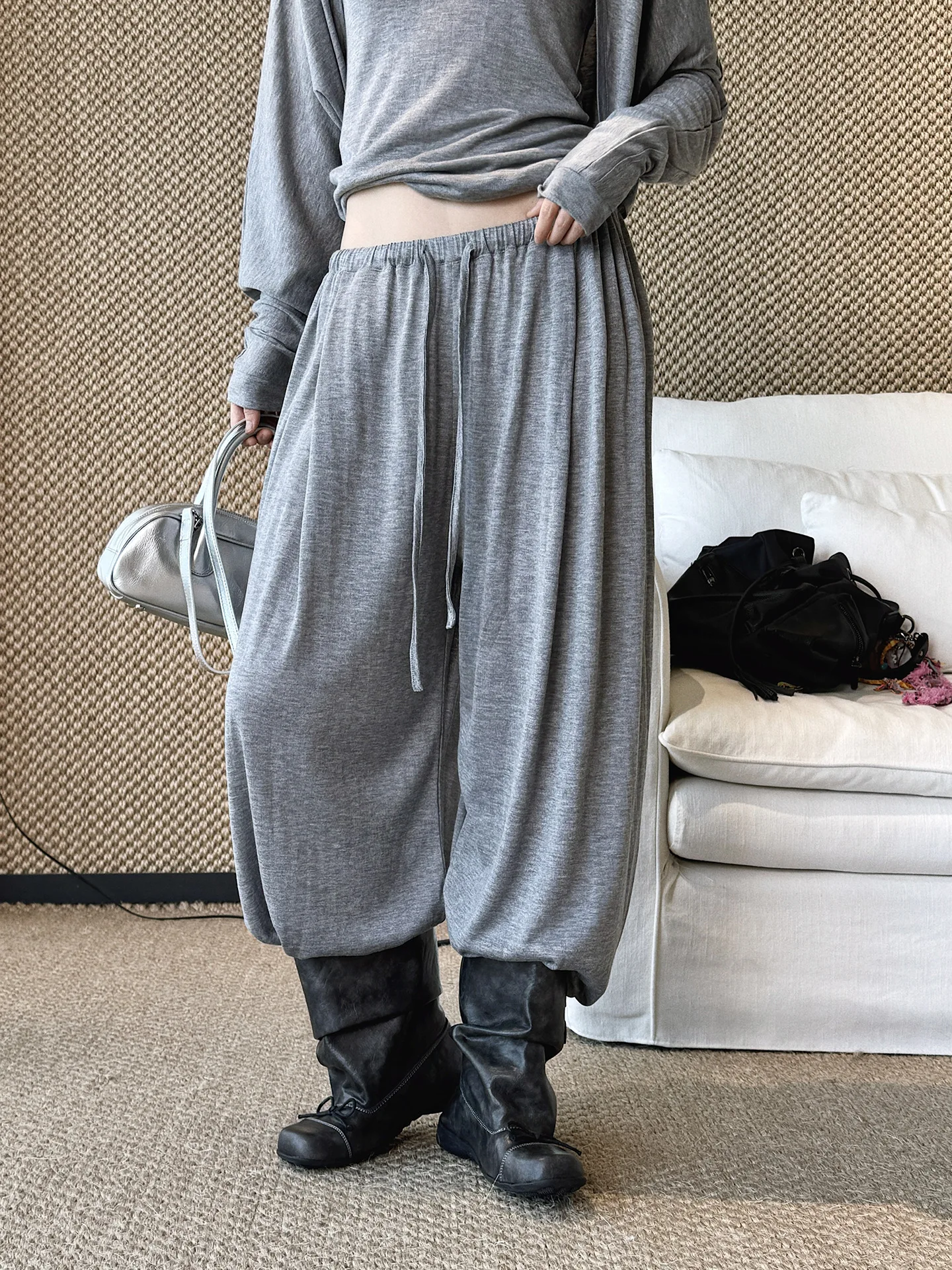 2026 Wool Blending Material Women Casual High Waist Lace-Up Waist Long Pants Fashion Wide Leg Pants Women Clothes Trousers