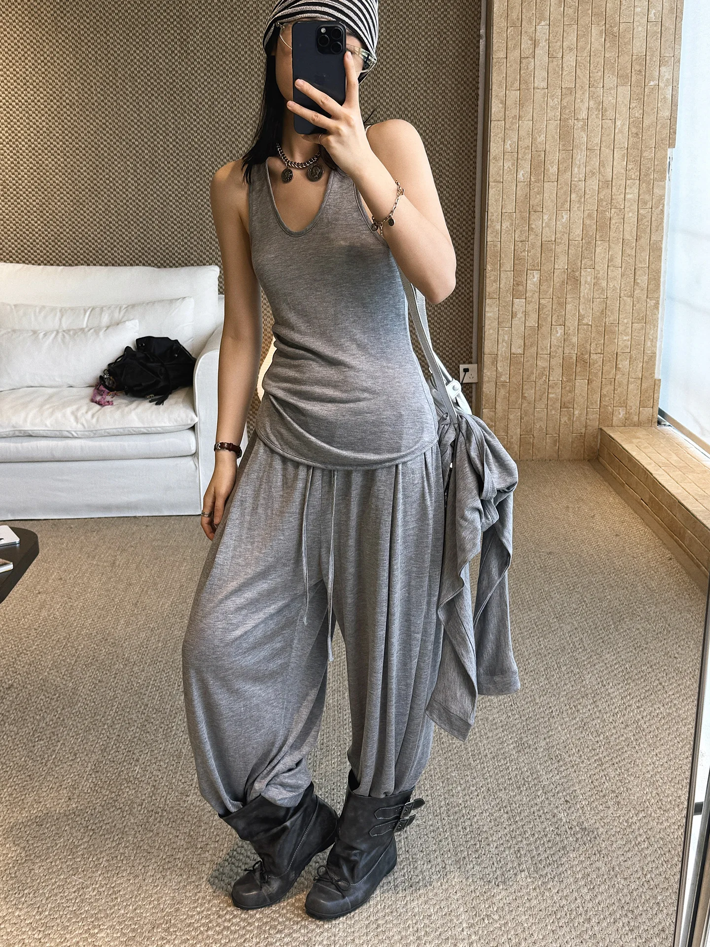 2026 Wool Blending Material Women Casual High Waist Lace-Up Waist Long Pants Fashion Wide Leg Pants Women Clothes Trousers