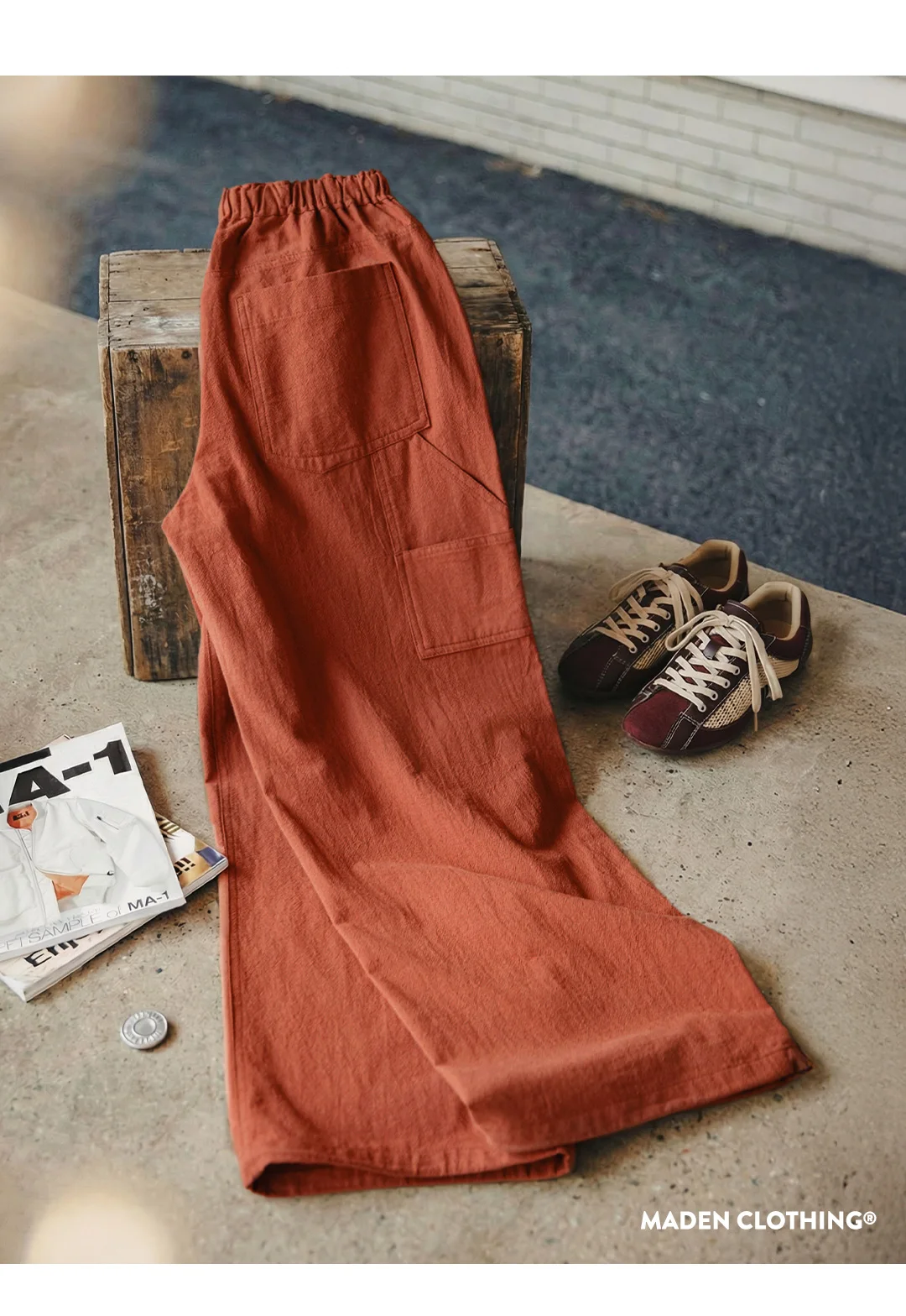 Maden Women's Cargo Pants Lightweight Cotton Elastic Waist Wide Leg Loose Straight Utility Pocket Casual Trousers