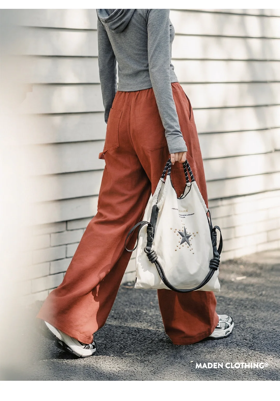 Maden Women's Cargo Pants Lightweight Cotton Elastic Waist Wide Leg Loose Straight Utility Pocket Casual Trousers
