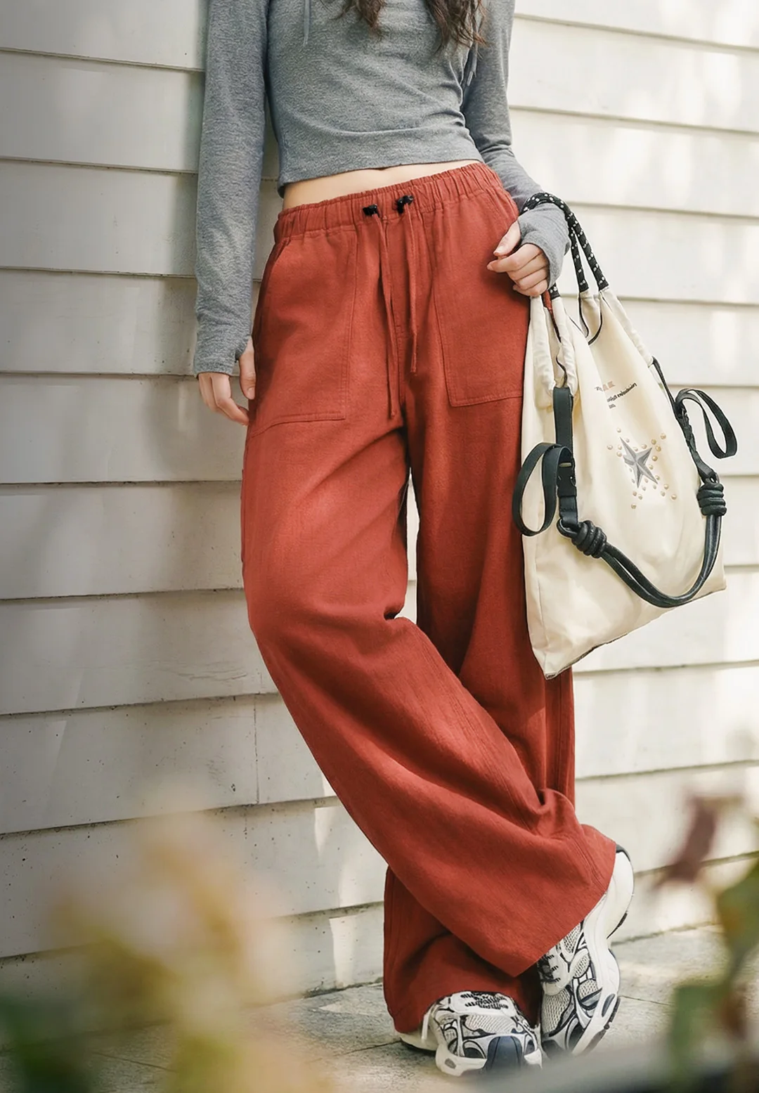 Maden Women's Cargo Pants Lightweight Cotton Elastic Waist Wide Leg Loose Straight Utility Pocket Casual Trousers