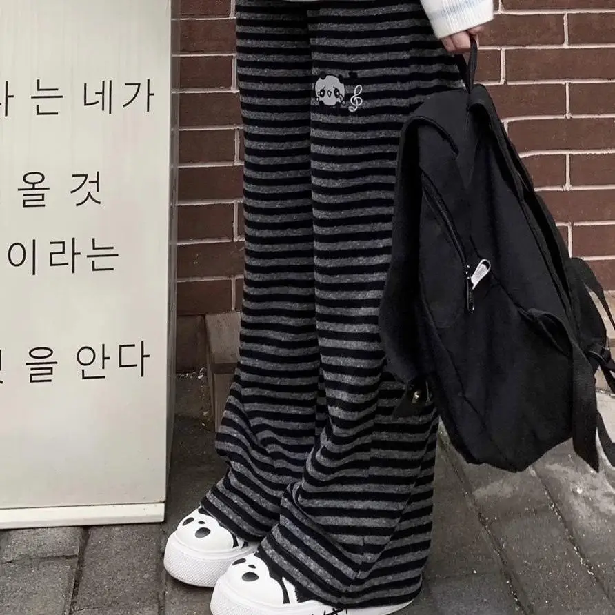 Streetwear Harajuku Stripe Wide Leg Trousers Y2k Kawaii Panda Embroidery Straight Pants Loose Vintage Casual Pantalones Women