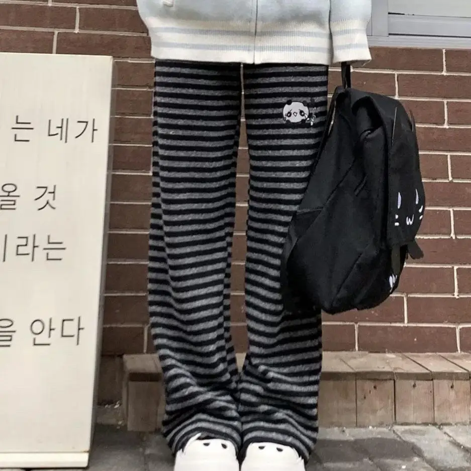Streetwear Harajuku Stripe Wide Leg Trousers Y2k Kawaii Panda Embroidery Straight Pants Loose Vintage Casual Pantalones Women