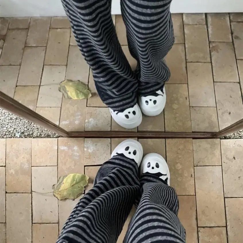 Streetwear Harajuku Stripe Wide Leg Trousers Y2k Kawaii Panda Embroidery Straight Pants Loose Vintage Casual Pantalones Women