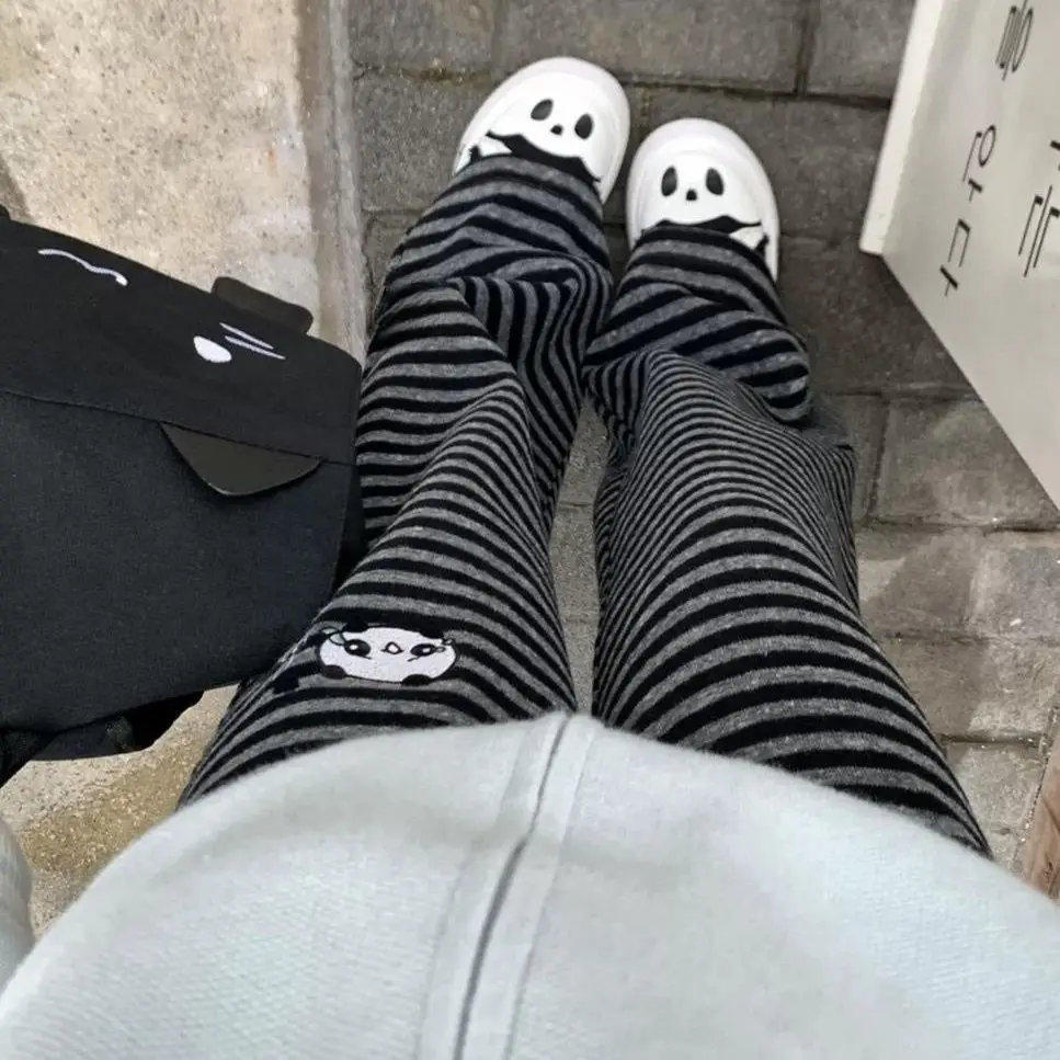 Streetwear Harajuku Stripe Wide Leg Trousers Y2k Kawaii Panda Embroidery Straight Pants Loose Vintage Casual Pantalones Women
