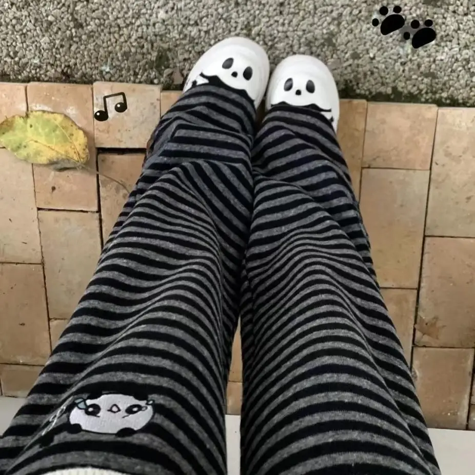 Streetwear Harajuku Stripe Wide Leg Trousers Y2k Kawaii Panda Embroidery Straight Pants Loose Vintage Casual Pantalones Women