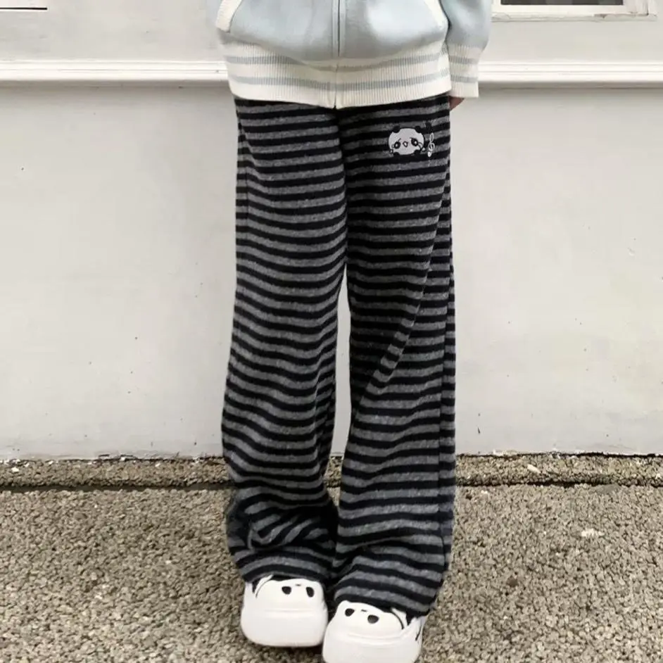 Streetwear Harajuku Stripe Wide Leg Trousers Y2k Kawaii Panda Embroidery Straight Pants Loose Vintage Casual Pantalones Women