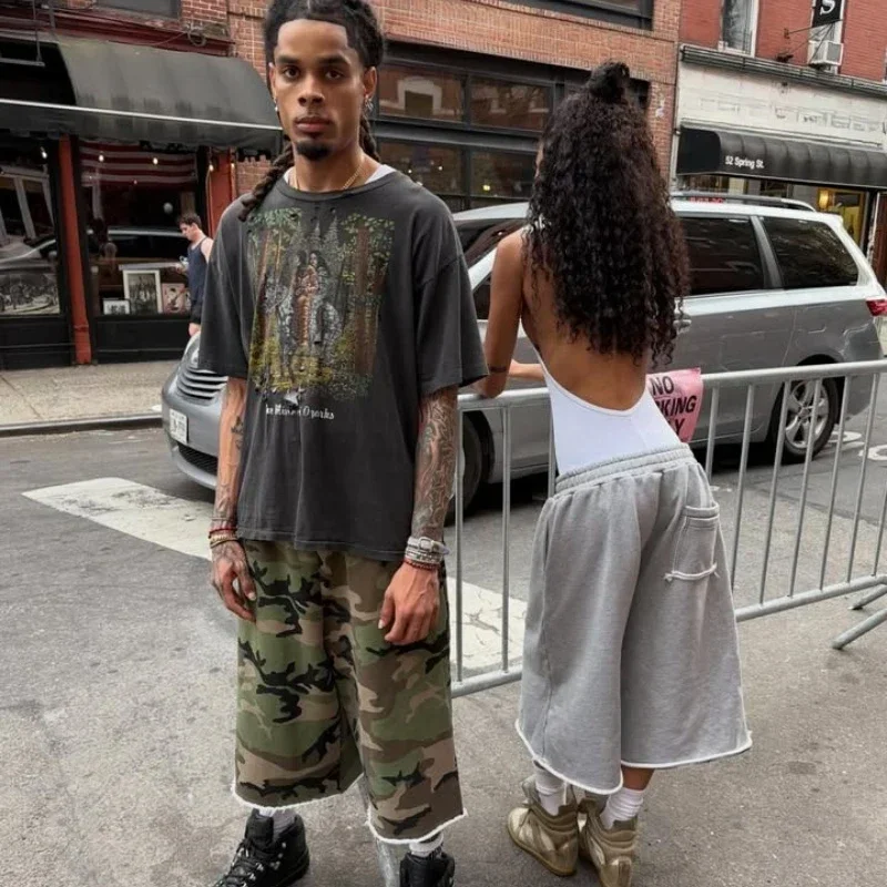 Y2K Vintage Retro Camouflage Camo Print Pocket Burr Wide Leg Sweatshorts Hip Hop Harajuku Streetwear Casual Unisex Shorts Pants