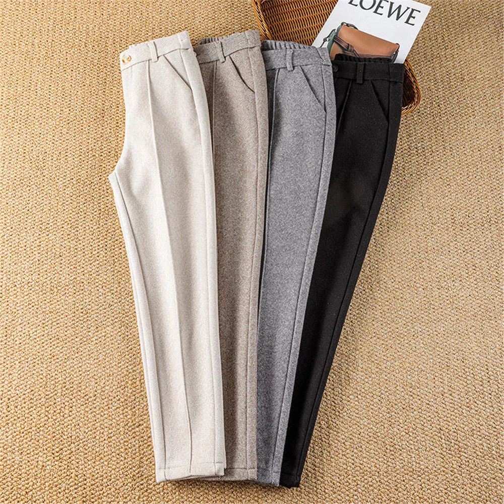 Women's Wool Dress Pants Casual Jogger Style Office Wide Trousers Woolen Cropped Pants OUC2533