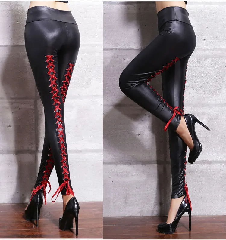 Female Low Waist Elastic Stretch Slim Women Pencil Pants High PU Leather Pants Women Fashion Lace Up Bandage Trousers