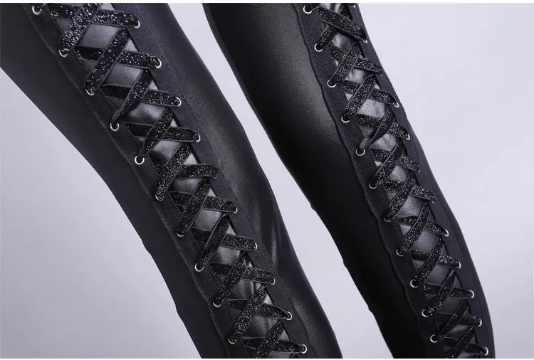 Female Low Waist Elastic Stretch Slim Women Pencil Pants High PU Leather Pants Women Fashion Lace Up Bandage Trousers