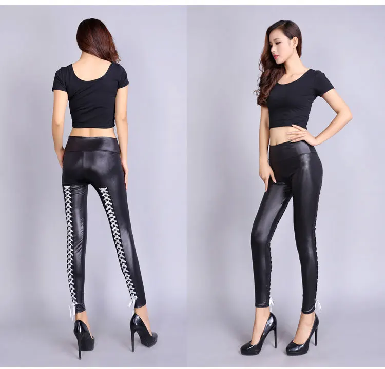 Female Low Waist Elastic Stretch Slim Women Pencil Pants High PU Leather Pants Women Fashion Lace Up Bandage Trousers