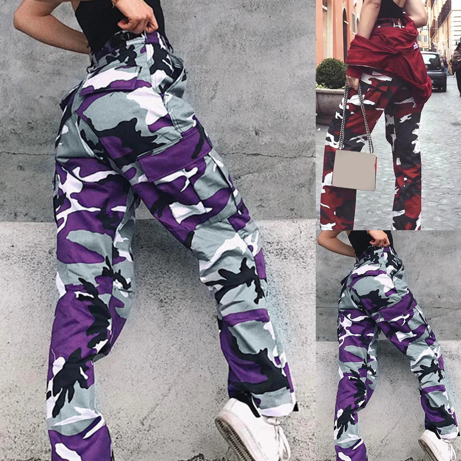 Camouflage Workwear Cargo Pants Women Versatile High Waist Multi-Pockets Sweatpants Fashion Outdoor Hiking Casual Harem Trousers