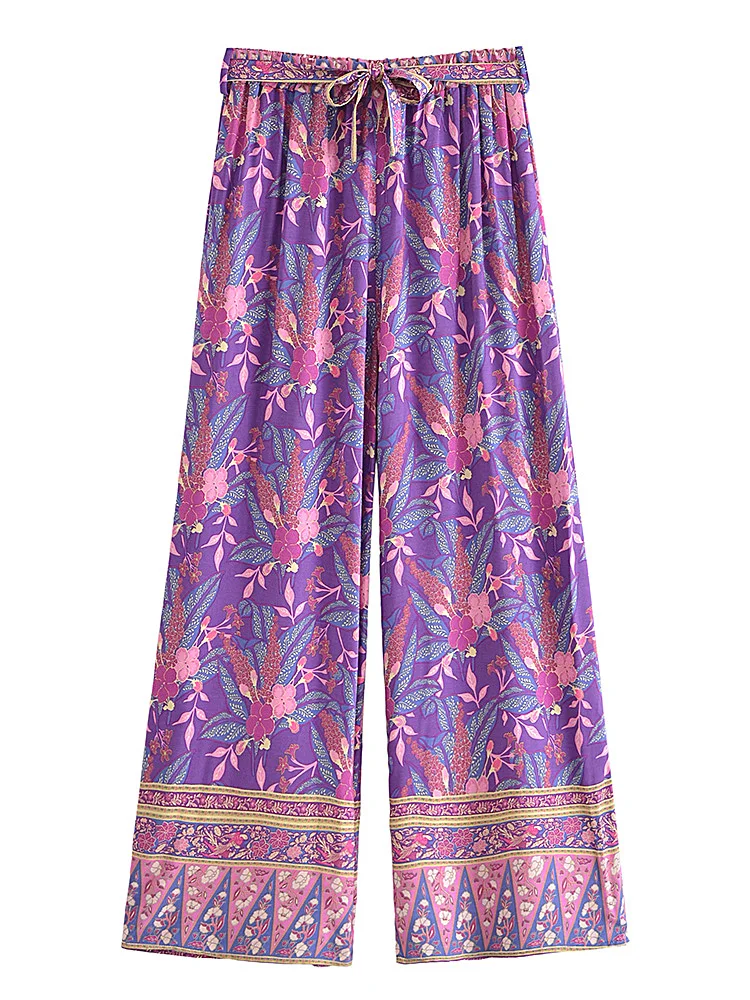 Boho Queens Autumn Women Purple Floral Print Bohemian Wide Leg Pants Lady Gothic Elastic Waist Loose Boho Pant Holiday Trousers