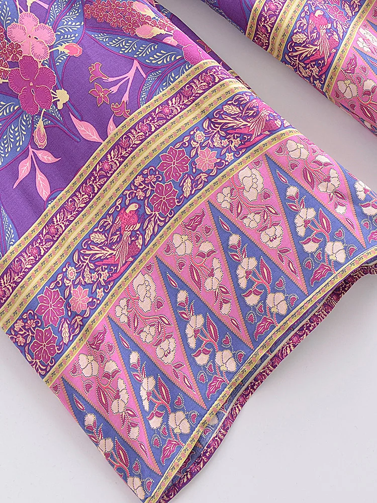 Boho Queens Autumn Women Purple Floral Print Bohemian Wide Leg Pants Lady Gothic Elastic Waist Loose Boho Pant Holiday Trousers