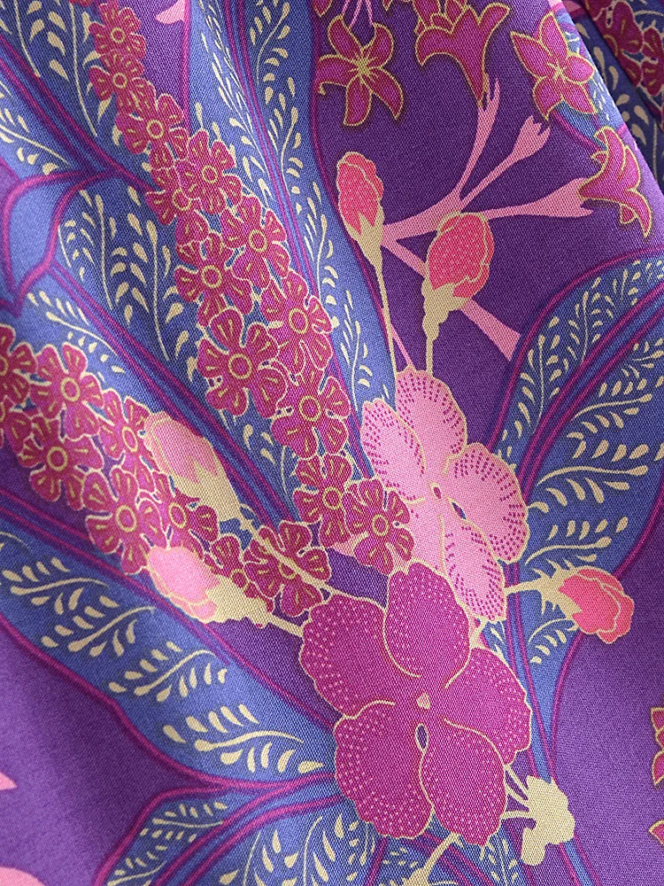 Boho Queens Autumn Women Purple Floral Print Bohemian Wide Leg Pants Lady Gothic Elastic Waist Loose Boho Pant Holiday Trousers