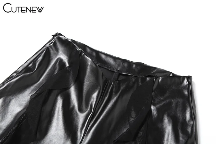 Cutenew Pu Leather Casual Pants Women 2024 New Mesh Patchwork High Waist Concise Flare Trousers Female Sporty All-matched Bottom