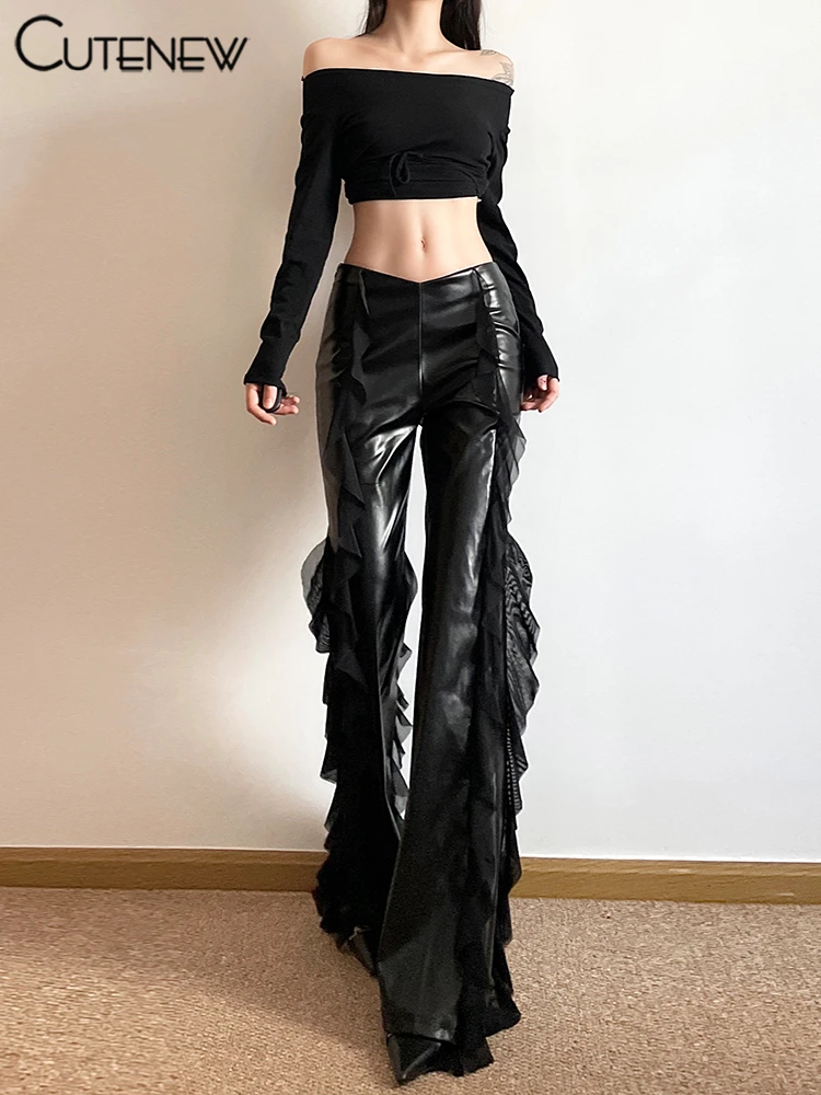 Cutenew Pu Leather Casual Pants Women 2024 New Mesh Patchwork High Waist Concise Flare Trousers Female Sporty All-matched Bottom