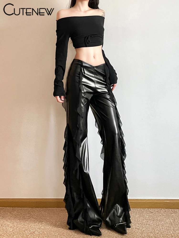 Cutenew Pu Leather Casual Pants Women 2024 New Mesh Patchwork High Waist Concise Flare Trousers Female Sporty All-matched Bottom
