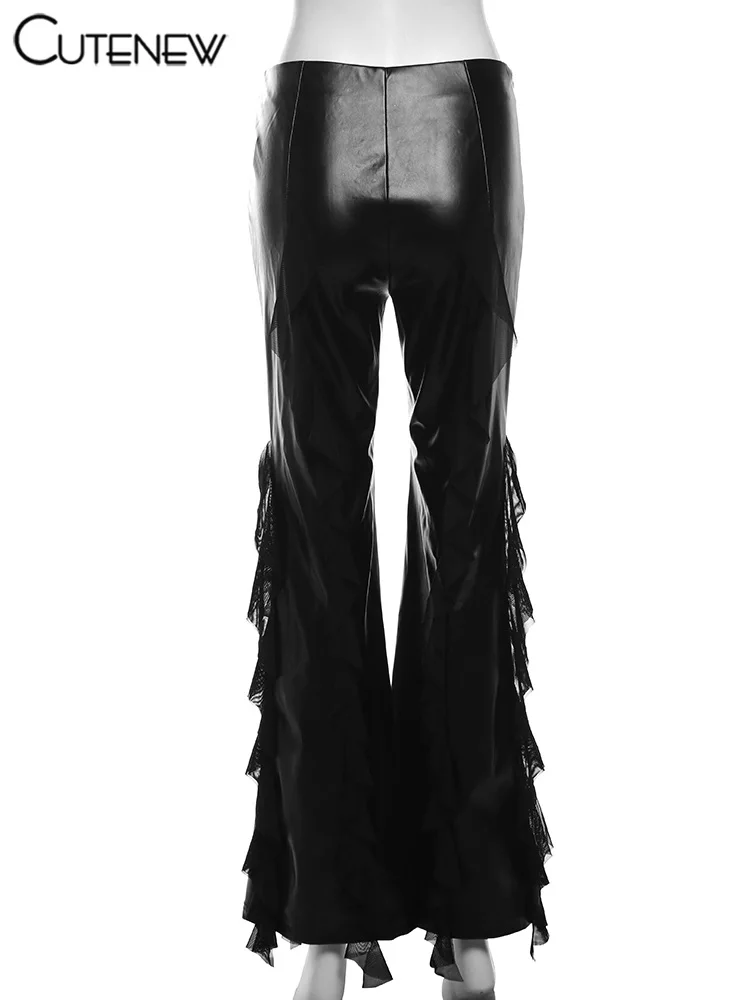 Cutenew Pu Leather Casual Pants Women 2024 New Mesh Patchwork High Waist Concise Flare Trousers Female Sporty All-matched Bottom