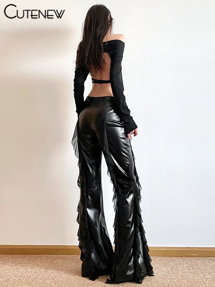 Cutenew Pu Leather Casual Pants Women 2024 New Mesh Patchwork High Waist Concise Flare Trousers Female Sporty All-matched Bottom