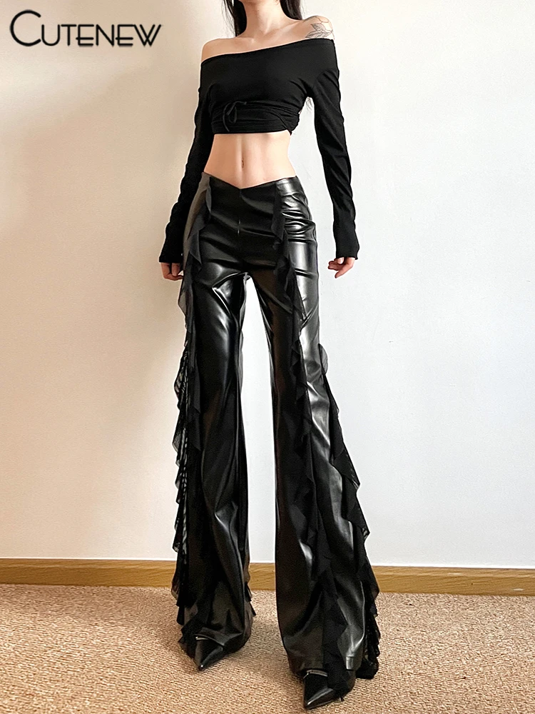 Cutenew Pu Leather Casual Pants Women 2024 New Mesh Patchwork High Waist Concise Flare Trousers Female Sporty All-matched Bottom