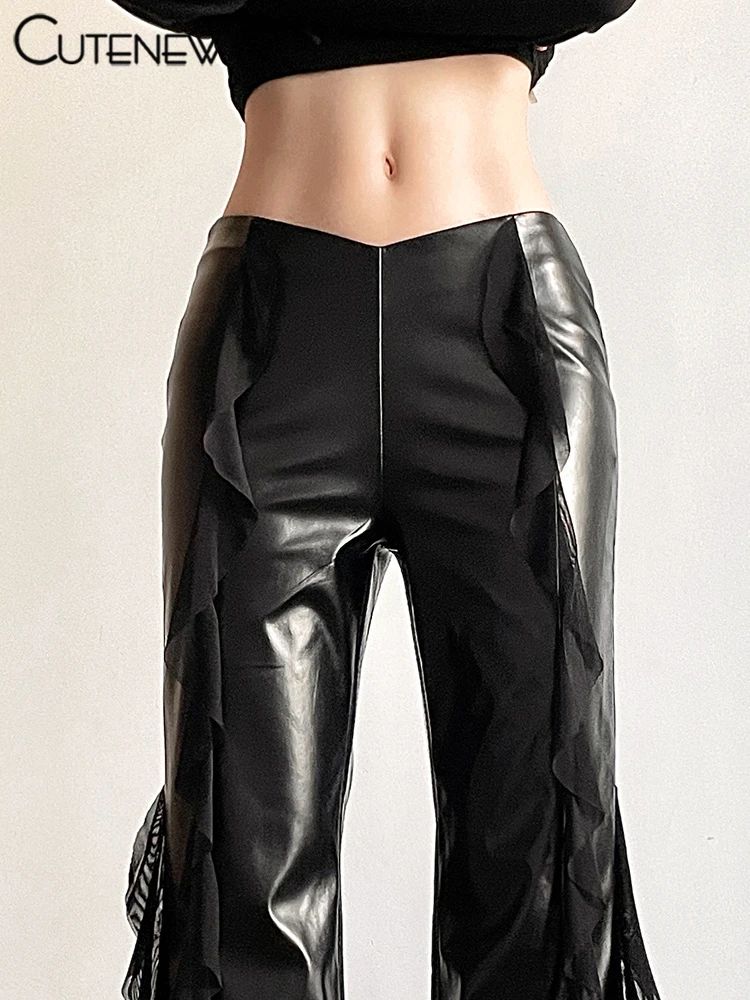 Cutenew Pu Leather Casual Pants Women 2024 New Mesh Patchwork High Waist Concise Flare Trousers Female Sporty All-matched Bottom