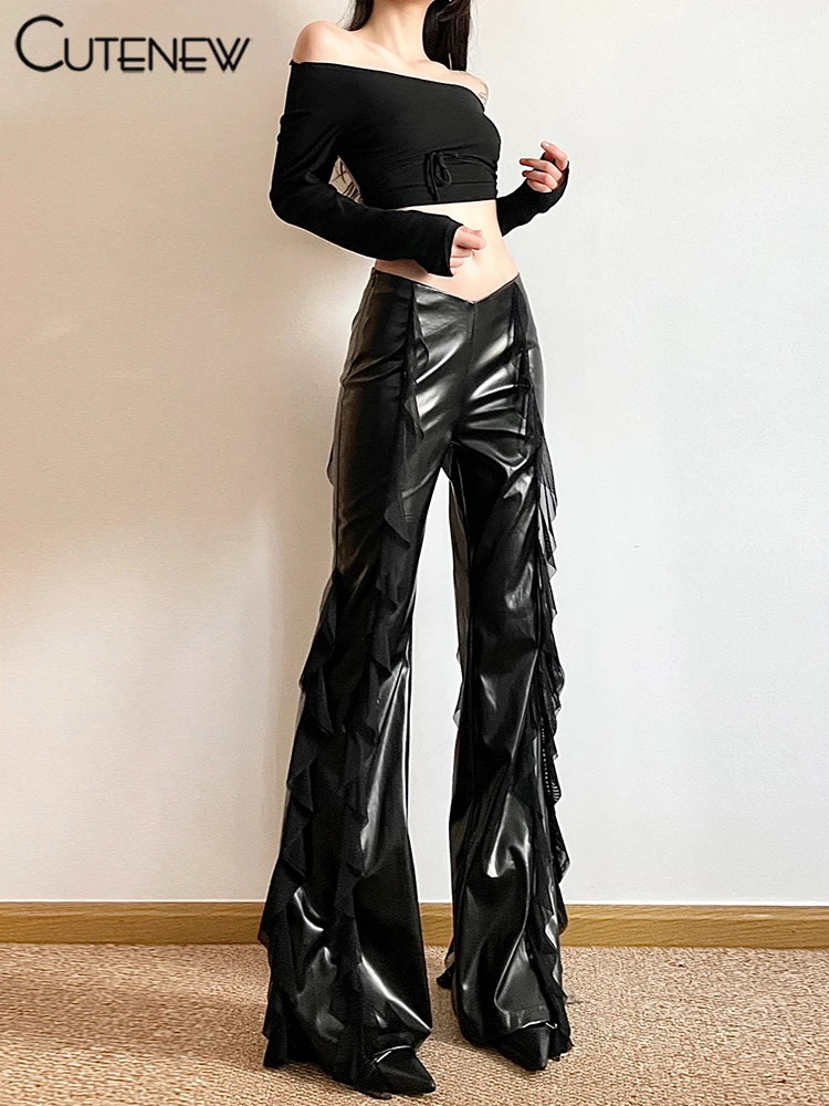 Cutenew Pu Leather Casual Pants Women 2024 New Mesh Patchwork High Waist Concise Flare Trousers Female Sporty All-matched Bottom