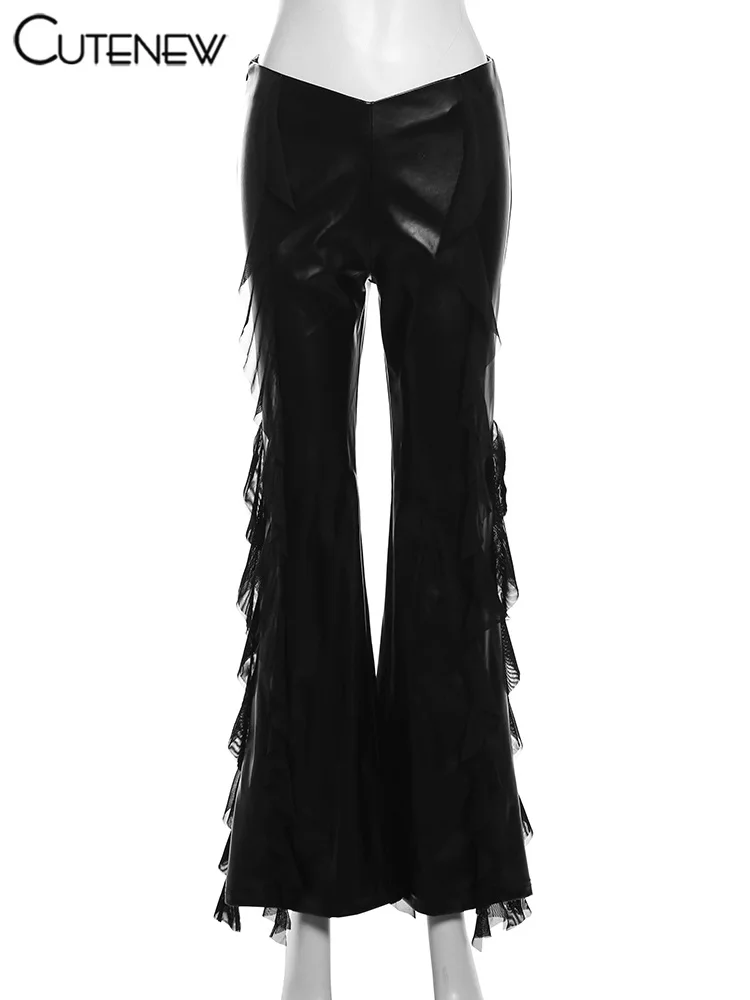 Cutenew Pu Leather Casual Pants Women 2024 New Mesh Patchwork High Waist Concise Flare Trousers Female Sporty All-matched Bottom