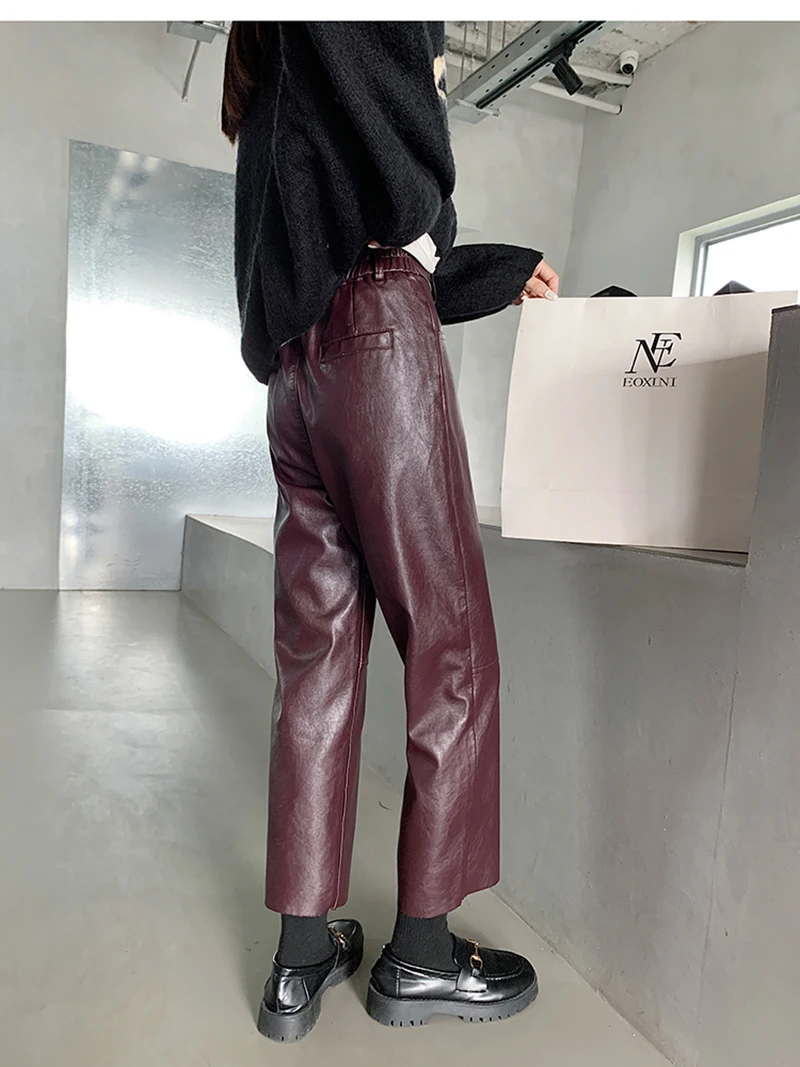 QOERLIN Fall Winter PU Leather Pants Women Elegant High Waist Pockets Faux Leather Harem Pant Female Back Elastic Waist Trousers
