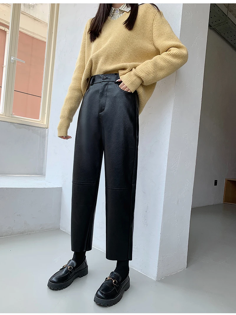 QOERLIN Fall Winter PU Leather Pants Women Elegant High Waist Pockets Faux Leather Harem Pant Female Back Elastic Waist Trousers