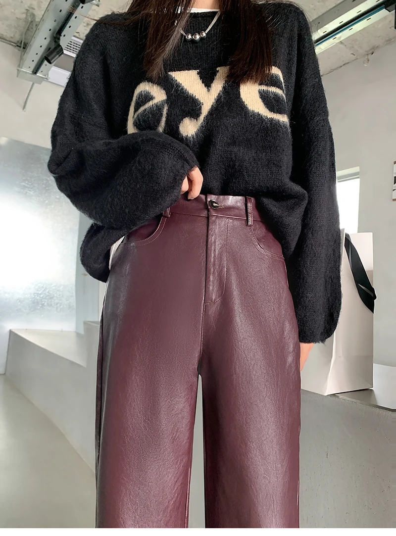 QOERLIN Fall Winter PU Leather Pants Women Elegant High Waist Pockets Faux Leather Harem Pant Female Back Elastic Waist Trousers