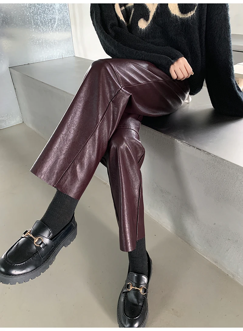 QOERLIN Fall Winter PU Leather Pants Women Elegant High Waist Pockets Faux Leather Harem Pant Female Back Elastic Waist Trousers
