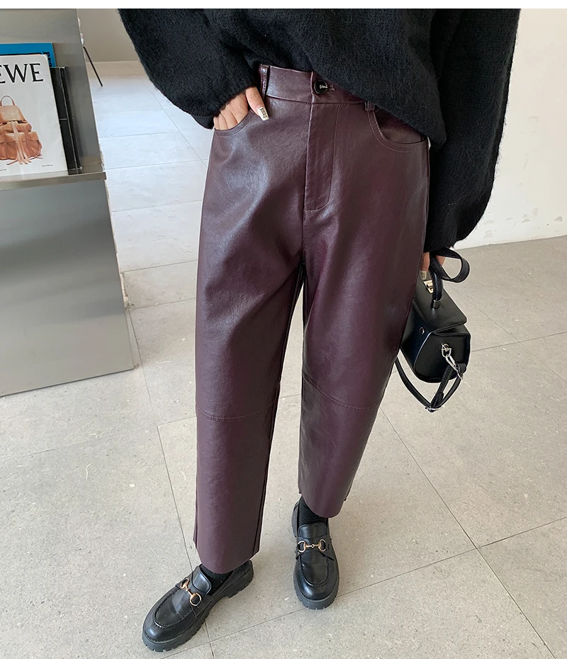 QOERLIN Fall Winter PU Leather Pants Women Elegant High Waist Pockets Faux Leather Harem Pant Female Back Elastic Waist Trousers