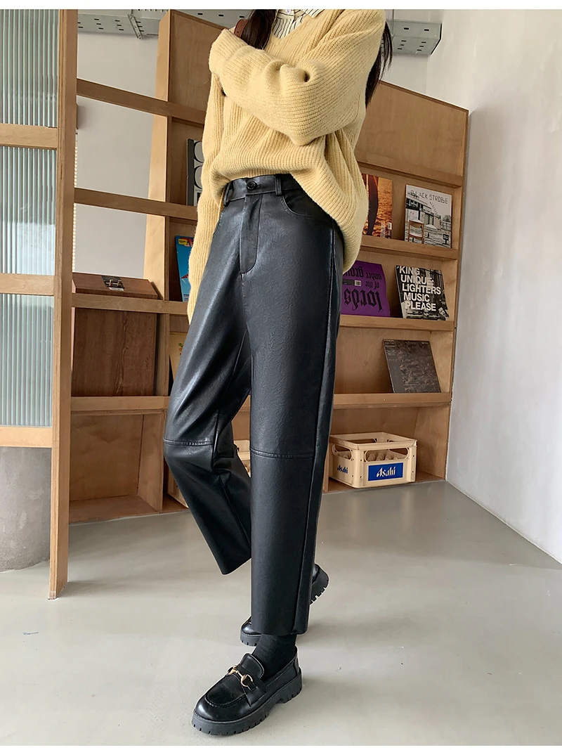 QOERLIN Fall Winter PU Leather Pants Women Elegant High Waist Pockets Faux Leather Harem Pant Female Back Elastic Waist Trousers