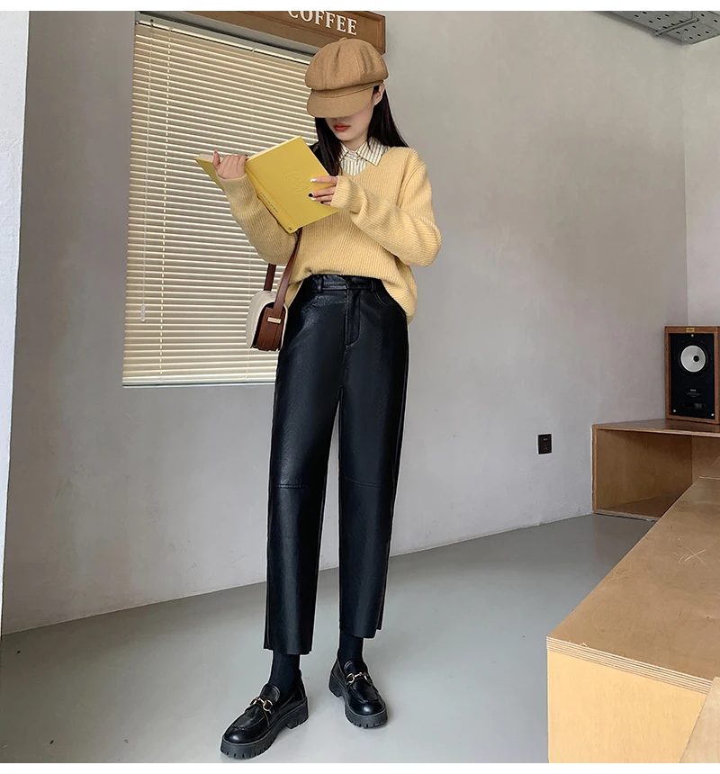 QOERLIN Fall Winter PU Leather Pants Women Elegant High Waist Pockets Faux Leather Harem Pant Female Back Elastic Waist Trousers